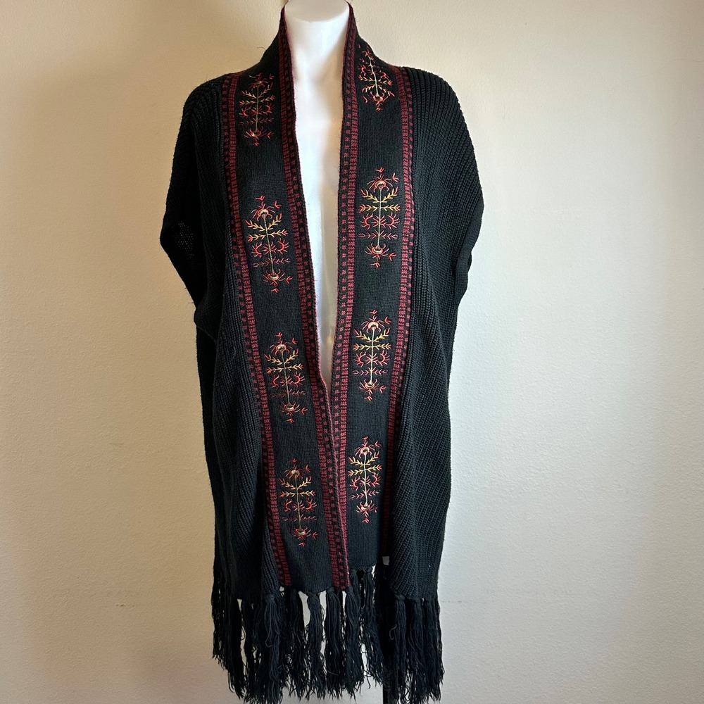 Black‎ Knit Fringe Vest Wrap OS Boho Embroidered Open Front Wrap Cottagecore